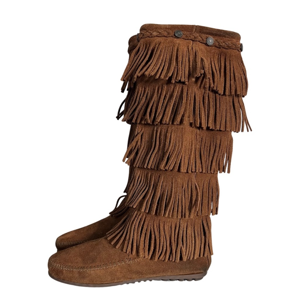 Minnetonka Women’s Brown 5 Layer Fringe Tall Sued… - image 1